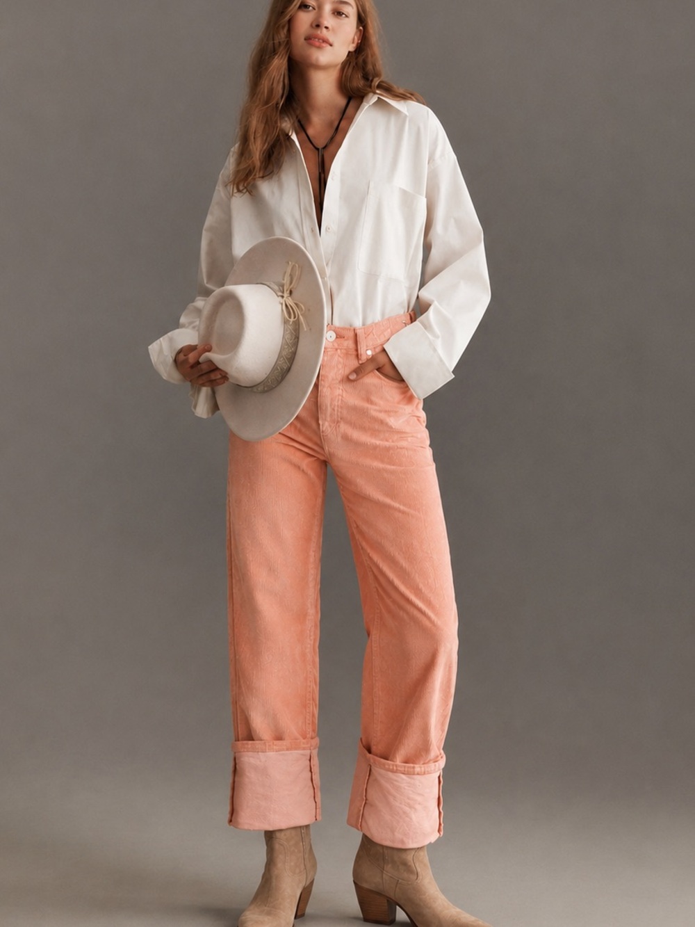 ANTHROPOLOGIE x PILCRO Scotty Cuffed Corduroy High Rise Jean Peach 24 NWT $148